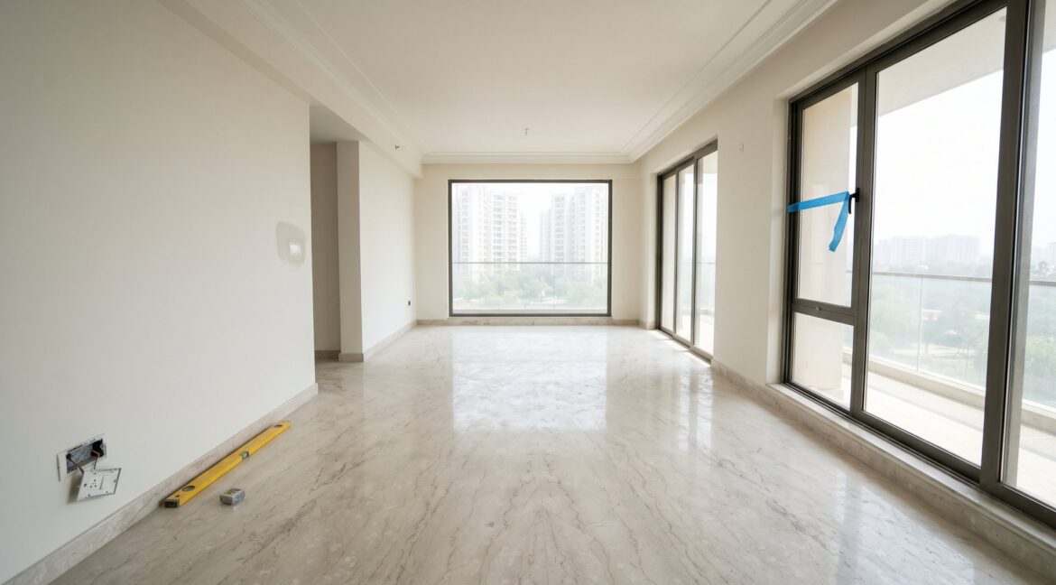 An empty newly finished builder floor apartment interior in South Delhi awaiting handover, with marble flooring and bare walls