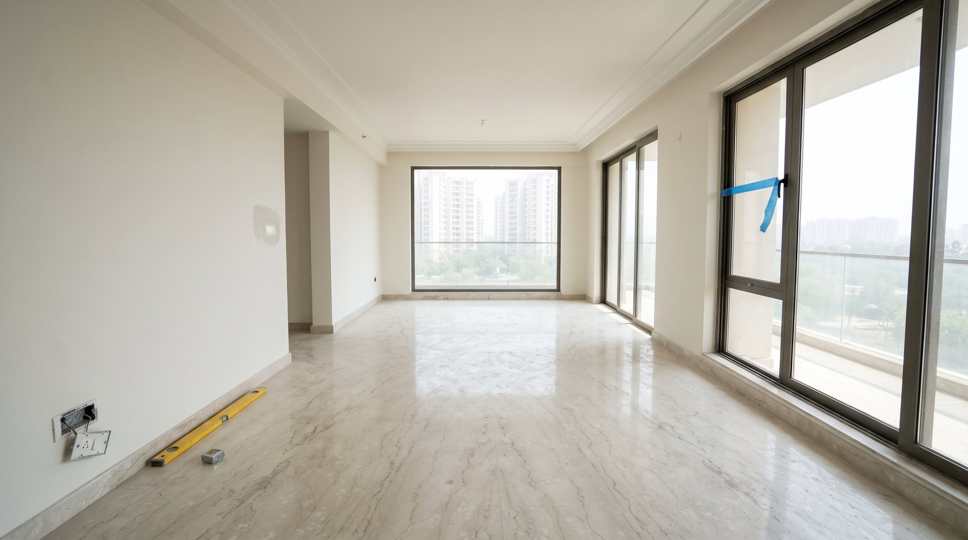 An empty newly finished builder floor apartment interior in South Delhi awaiting handover, with marble flooring and bare walls