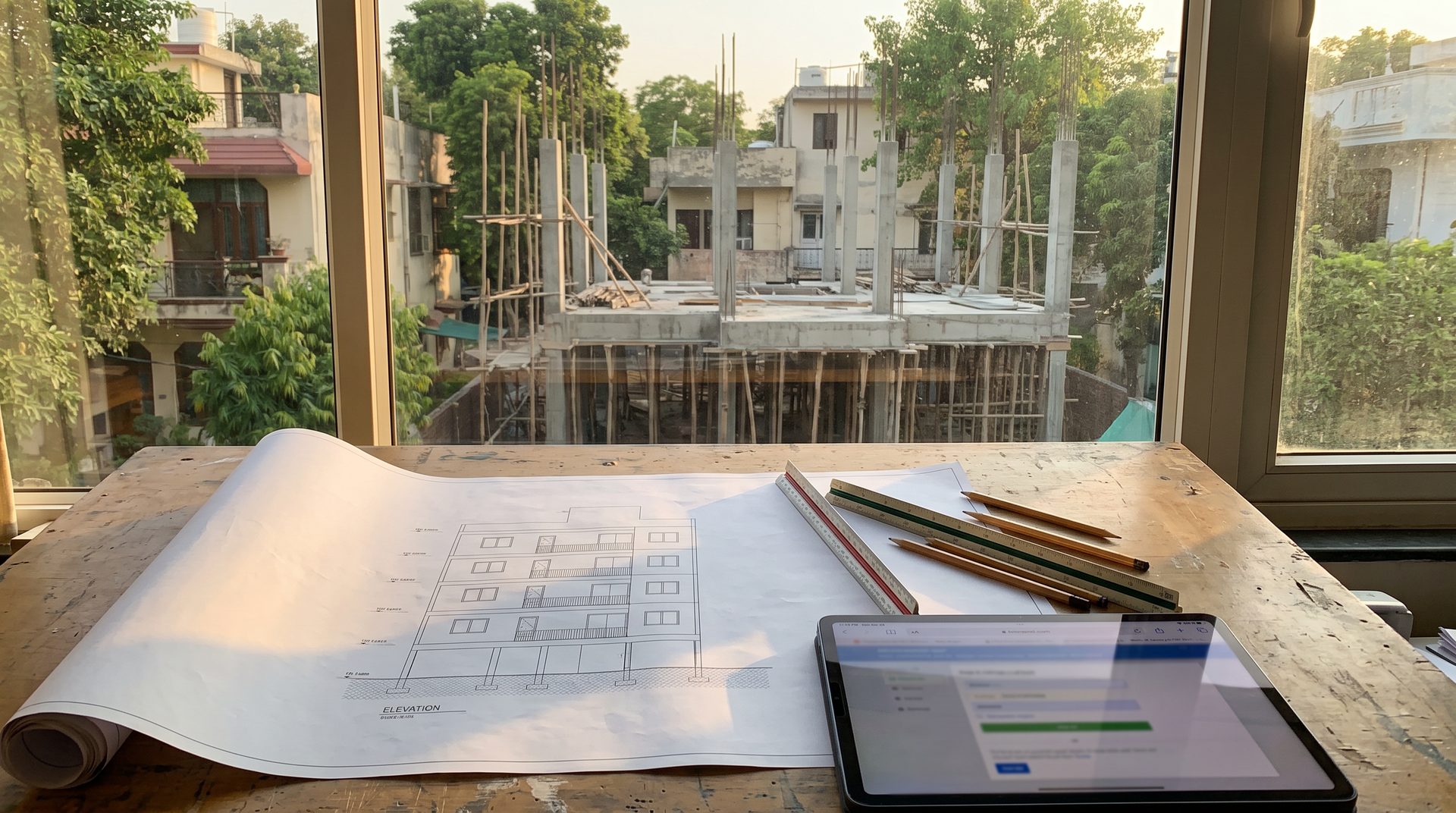 Building plan sanction in Delhi &mdash; an architect&rsquo;s elevation drawing for a stilt plus four builder floor on a desk, a South Delhi rebuild rising outside the window in evening light