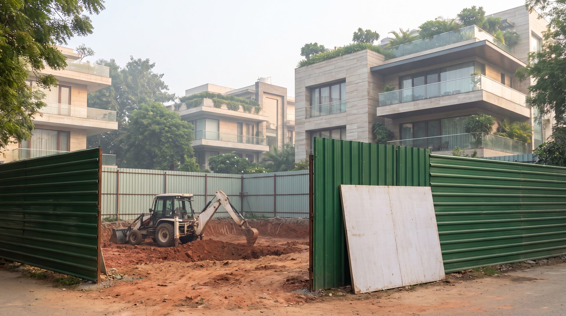 A South Delhi plot behind green barricade sheets with an excavator digging the basement after building plan sanction, finished stilt plus four builder floors around it