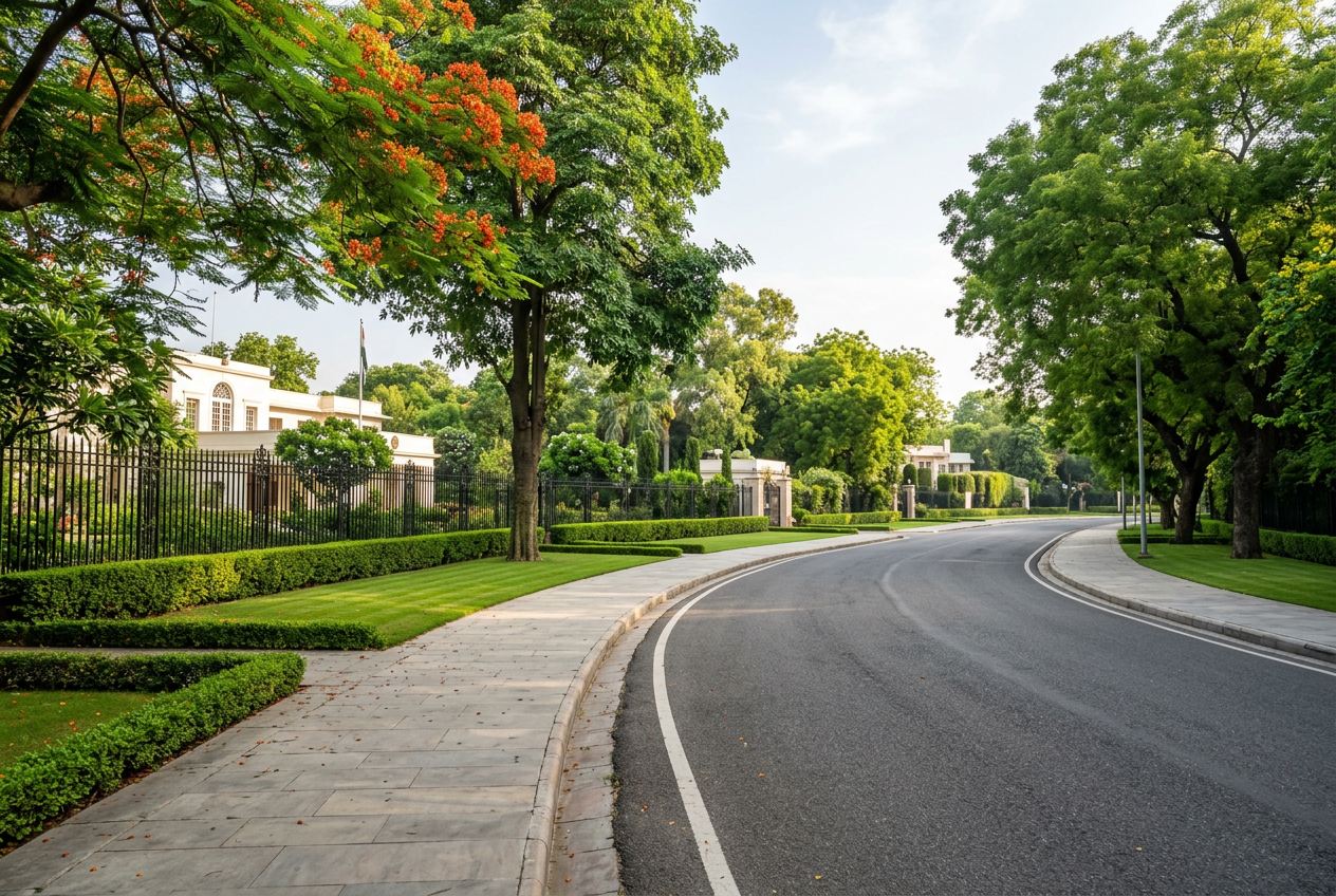 Leafy embassy boulevard with manicured lawns and tree-lined pavements in Chanakyapuri, New Delhi