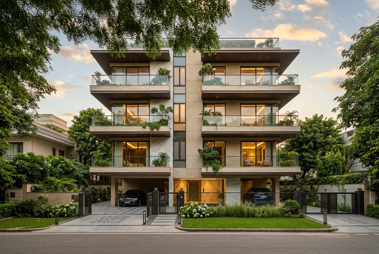 New stilt-plus-four luxury builder floor facade on a large plot in Malcha Marg, Chanakyapuri