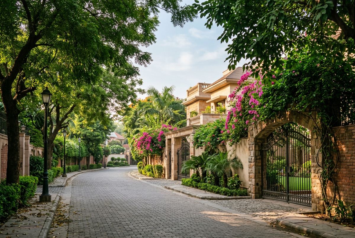 Tree-shaded inner lane of gated homes with bougainvillea in Chirag Enclave, South Delhi