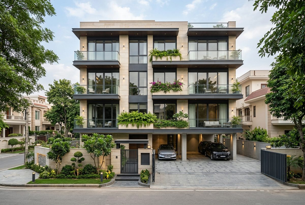 New luxury builder floor with stilt parking on a 500 sq yd plot in Chirag Enclave, New Delhi