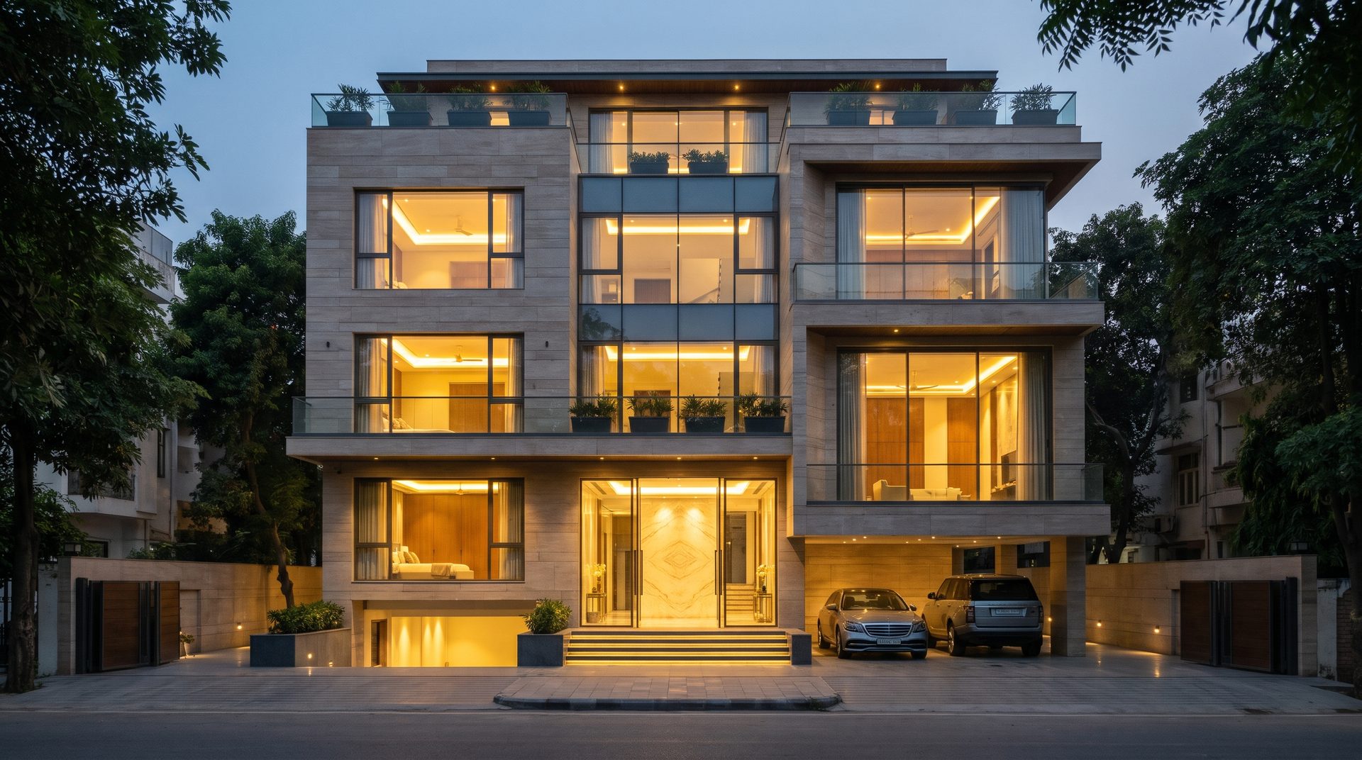 Completion certificate in Delhi &mdash; a newly finished stilt-plus-four South Delhi builder floor at golden hour, the MCD occupancy-cum-completion certificate and sanctioned plan on a table in the foreground