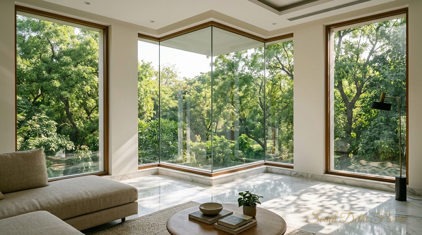 Corner duplex in GK-1 living room with corner glazing looking onto the park