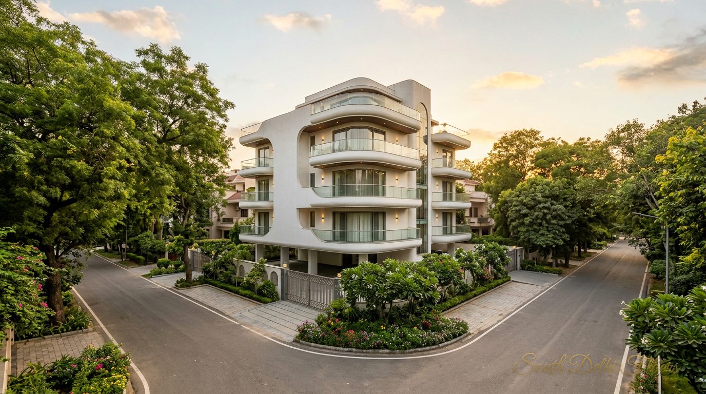 Three-side-open corner plot of the corner duplex in Panchsheel Park, with a sculpted white facade and wide roads on two sides