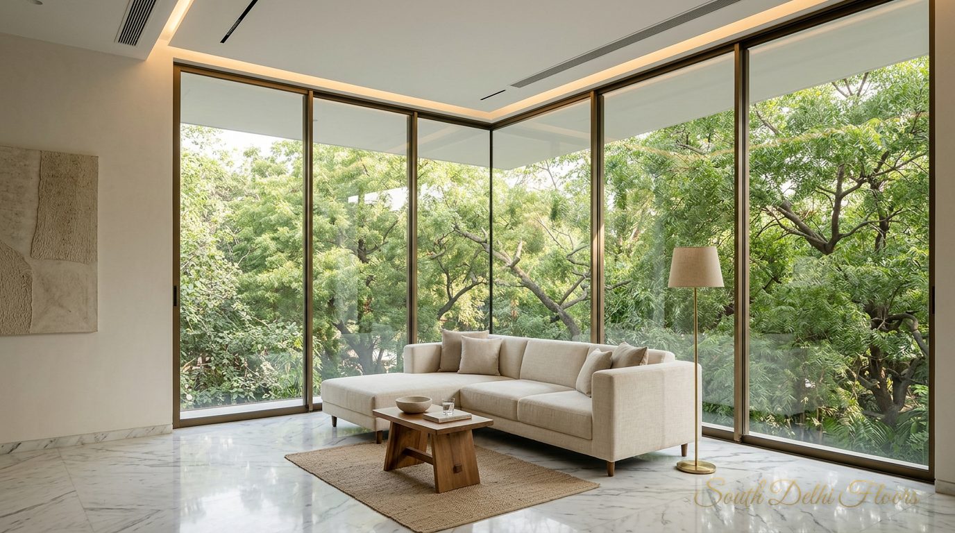 Corner home in Anand Niketan living room with floor-to-ceiling glazing on two sides looking into the park canopy