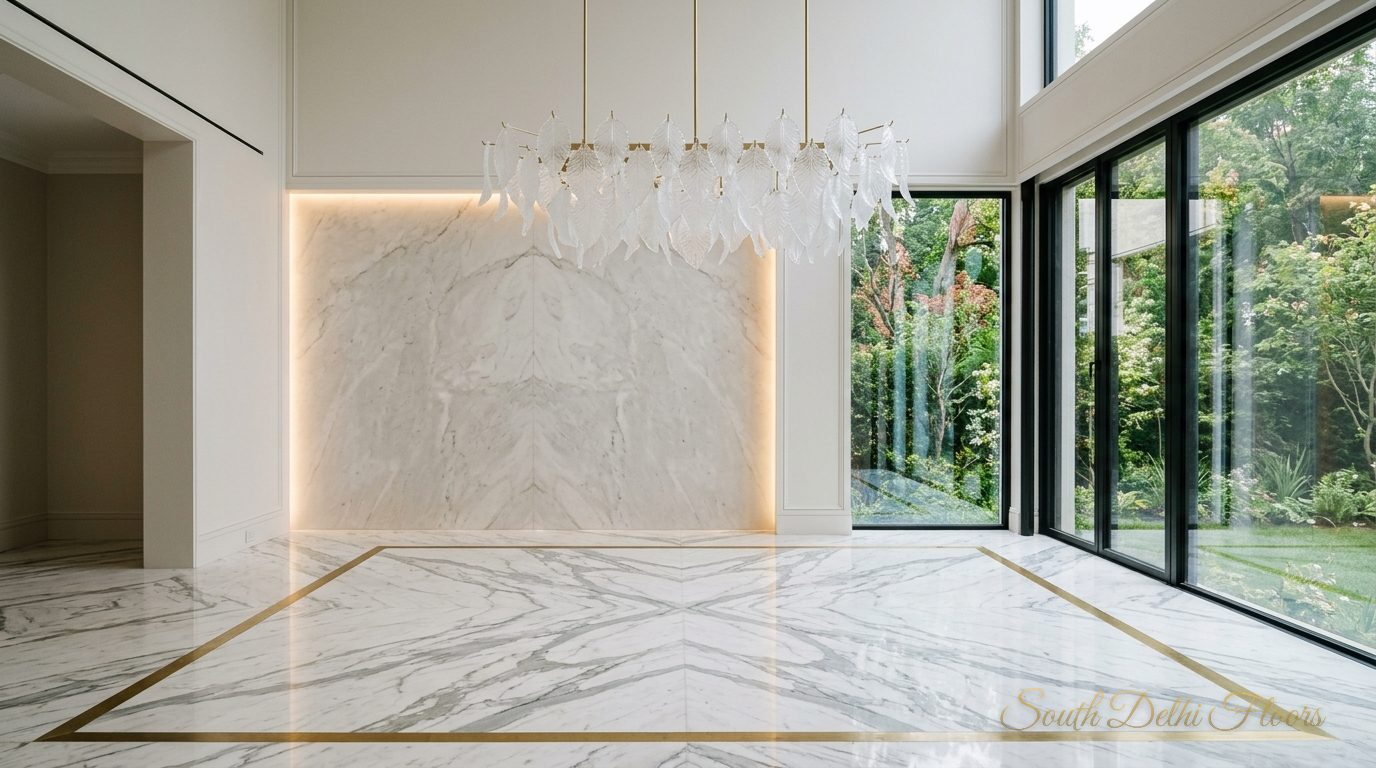 Dining space with an 11-ft ceiling, Italian marble and brass inlay in the duplex in Vasant Vihar