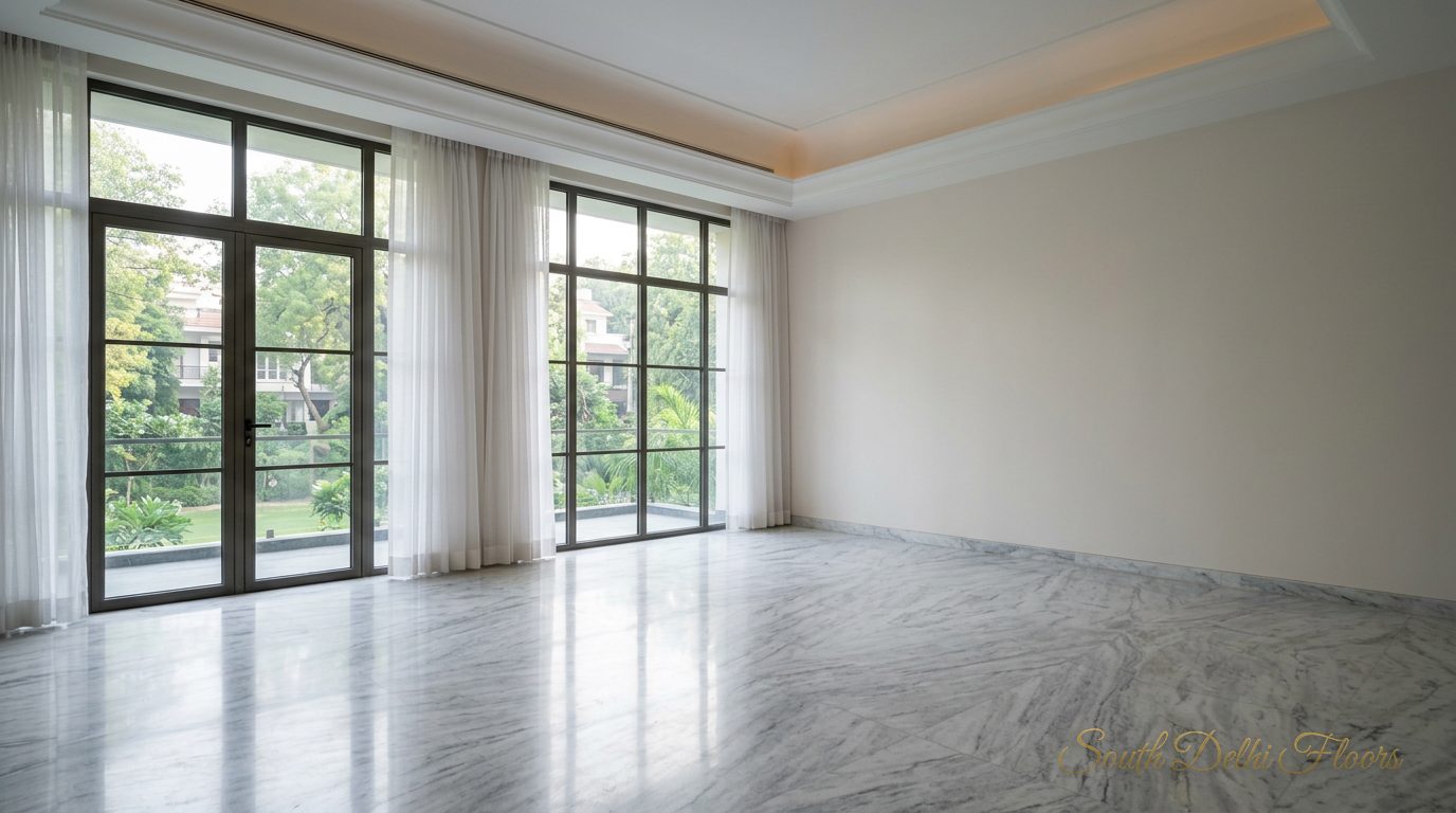 North-east-facing drawing room of the duplex in Vasant Vihar with morning light on the Italian marble floor