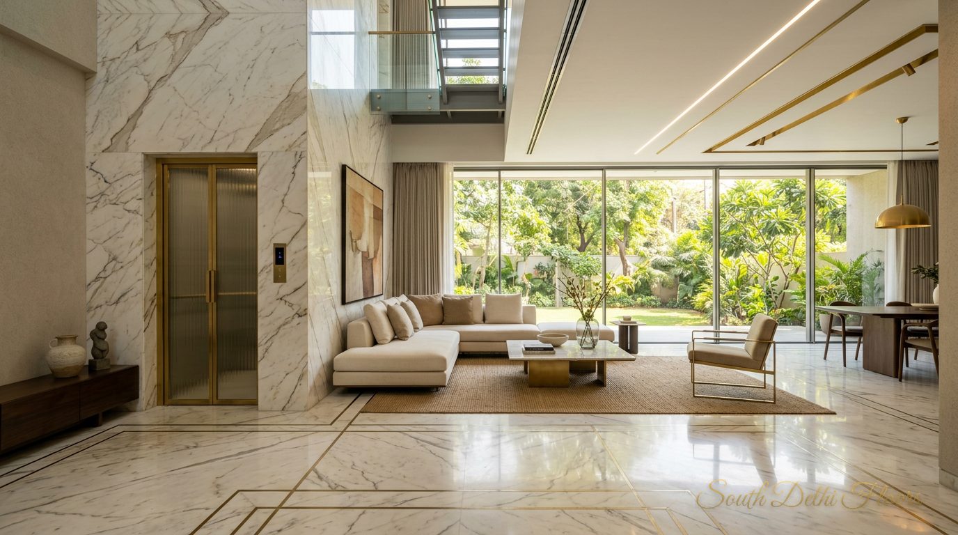 Living room with 11-ft ceilings, Italian marble and a private lift door in the duplex with pool in Pamposh Enclave