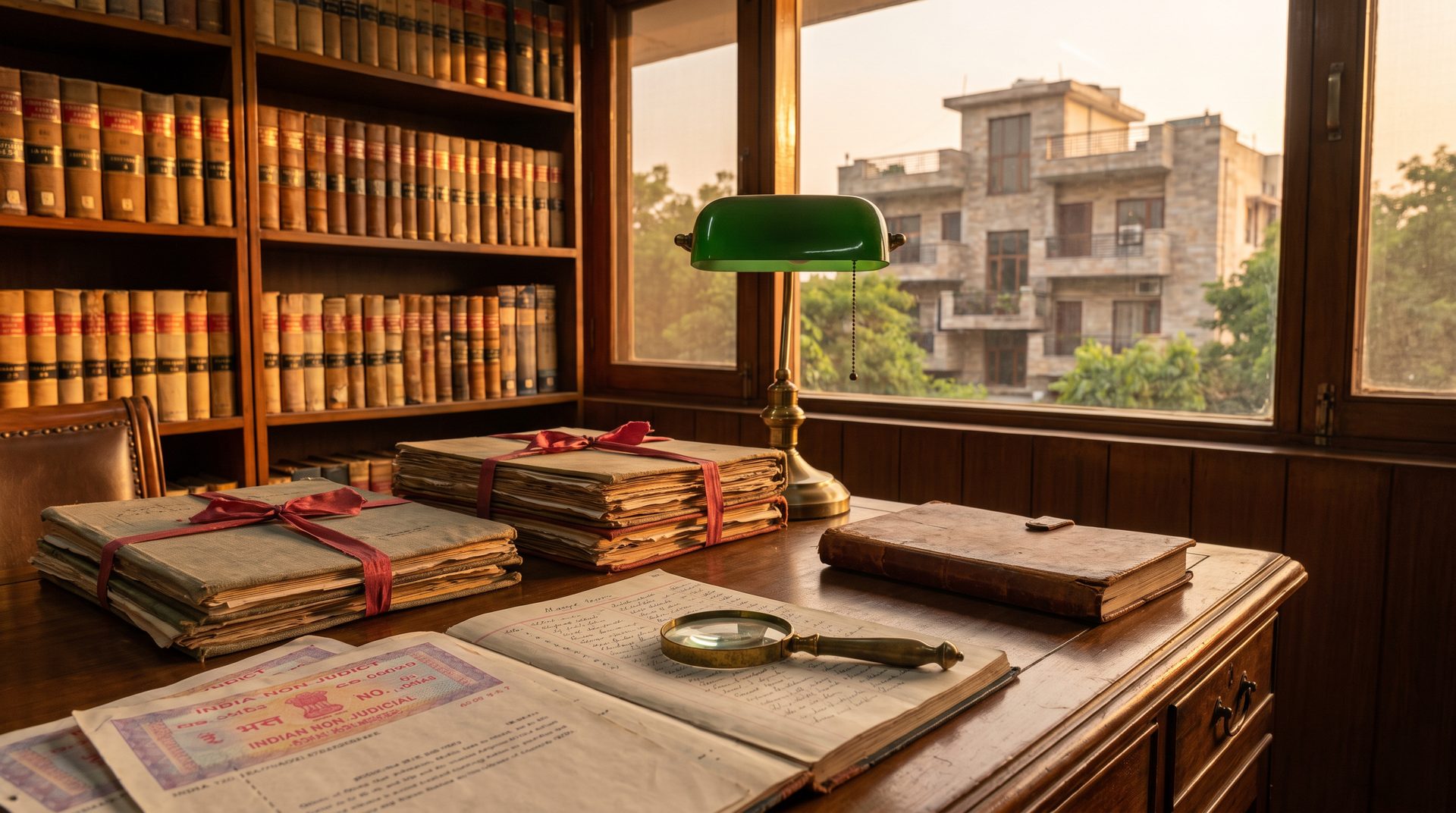 Encumbrance certificate in Delhi &mdash; registered sale deeds and a title search file on a desk, a South Delhi builder floor in evening light outside