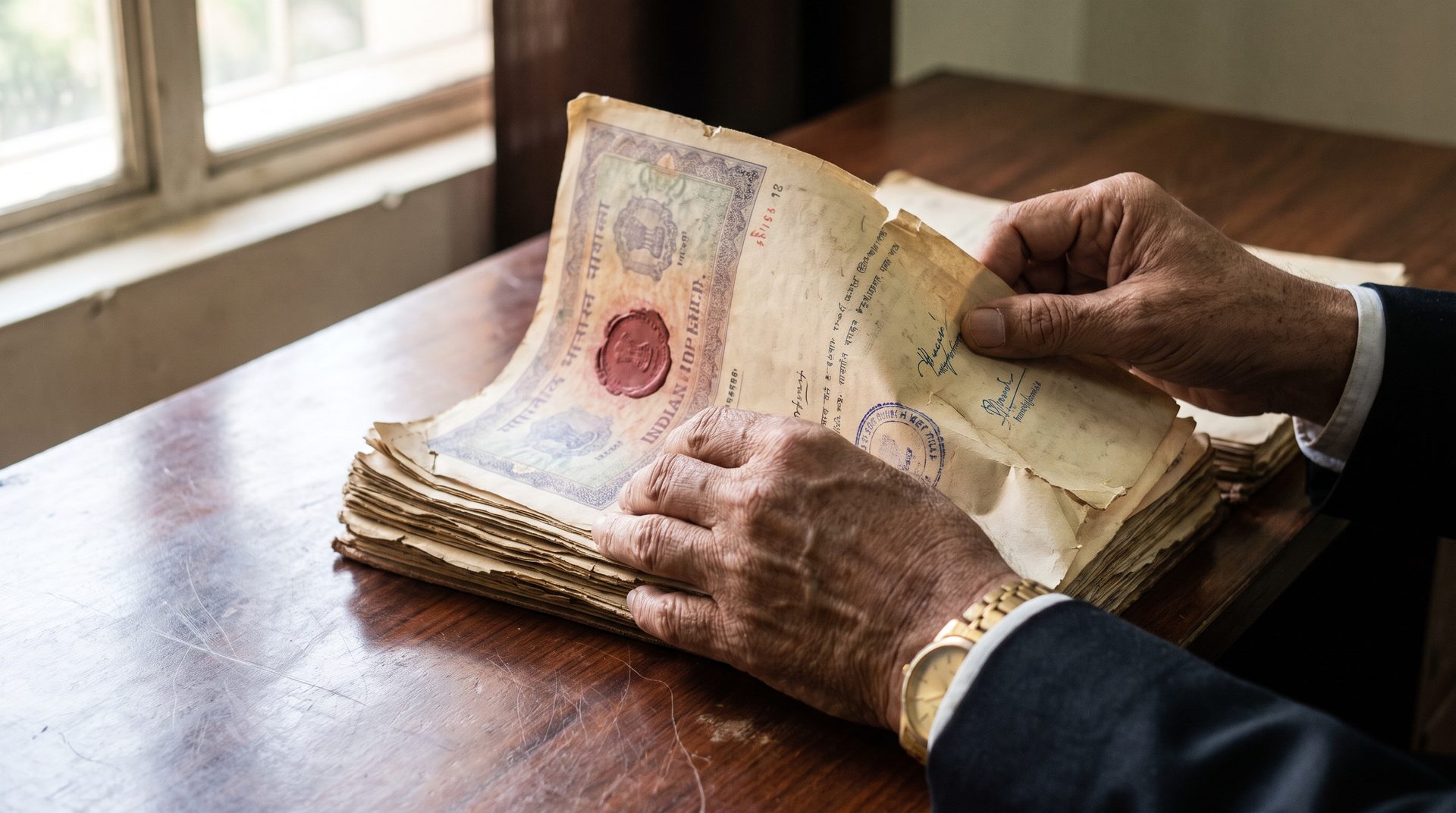 Title documents for an encumbrance certificate in Delhi check &mdash; certified sale deed copies, a collaboration agreement and a lawyer&rsquo;s title report on a desk