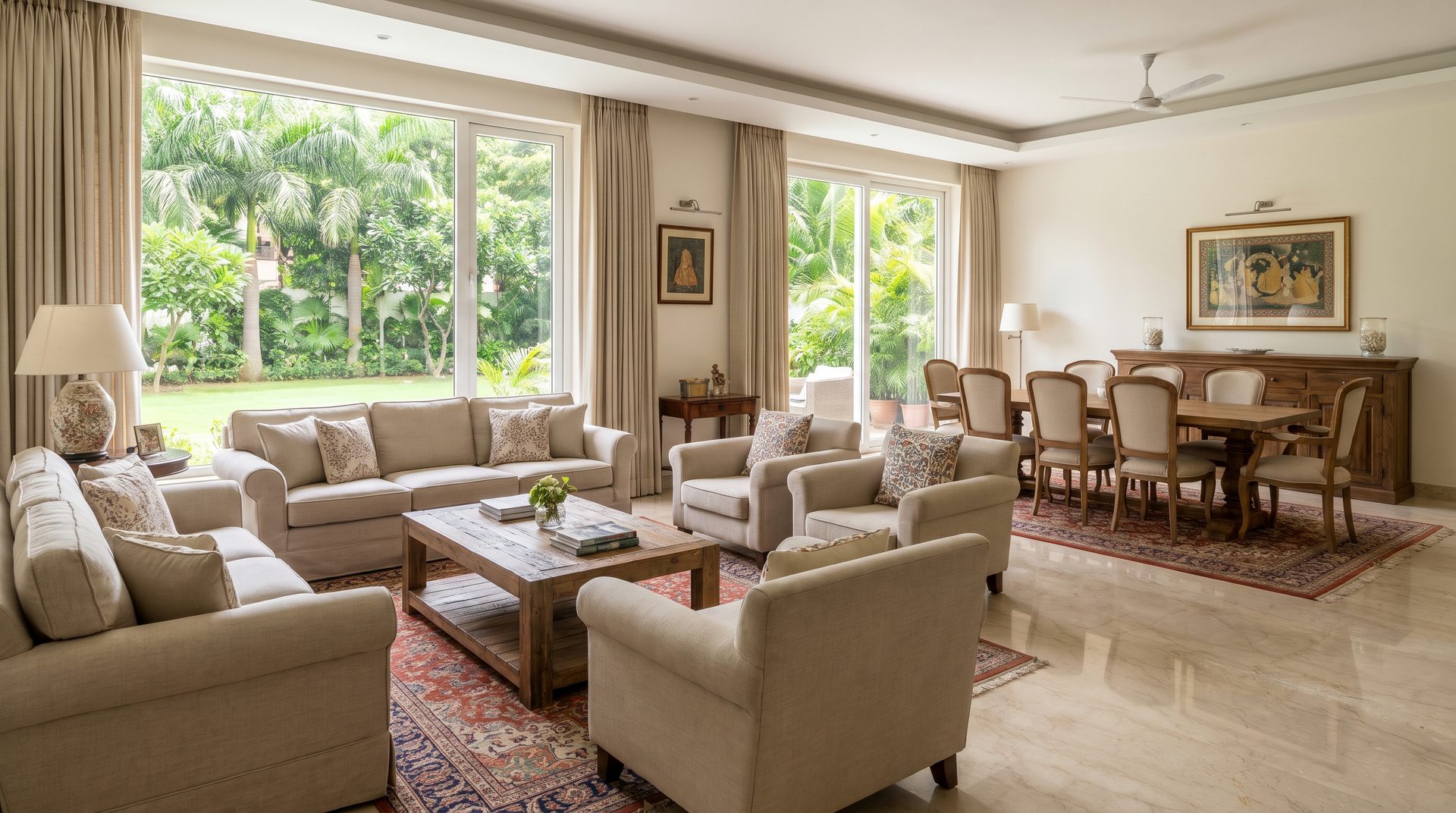 Furnished living and dining room of a South Delhi house prepared for an embassy or expat lease, with garden views