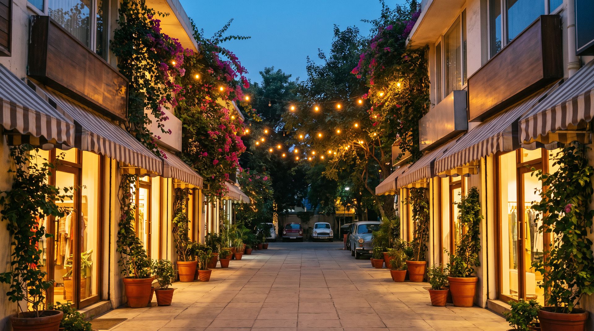 An upmarket South Delhi neighbourhood market street lit at dusk, with low-rise shopfronts and string lights in the trees