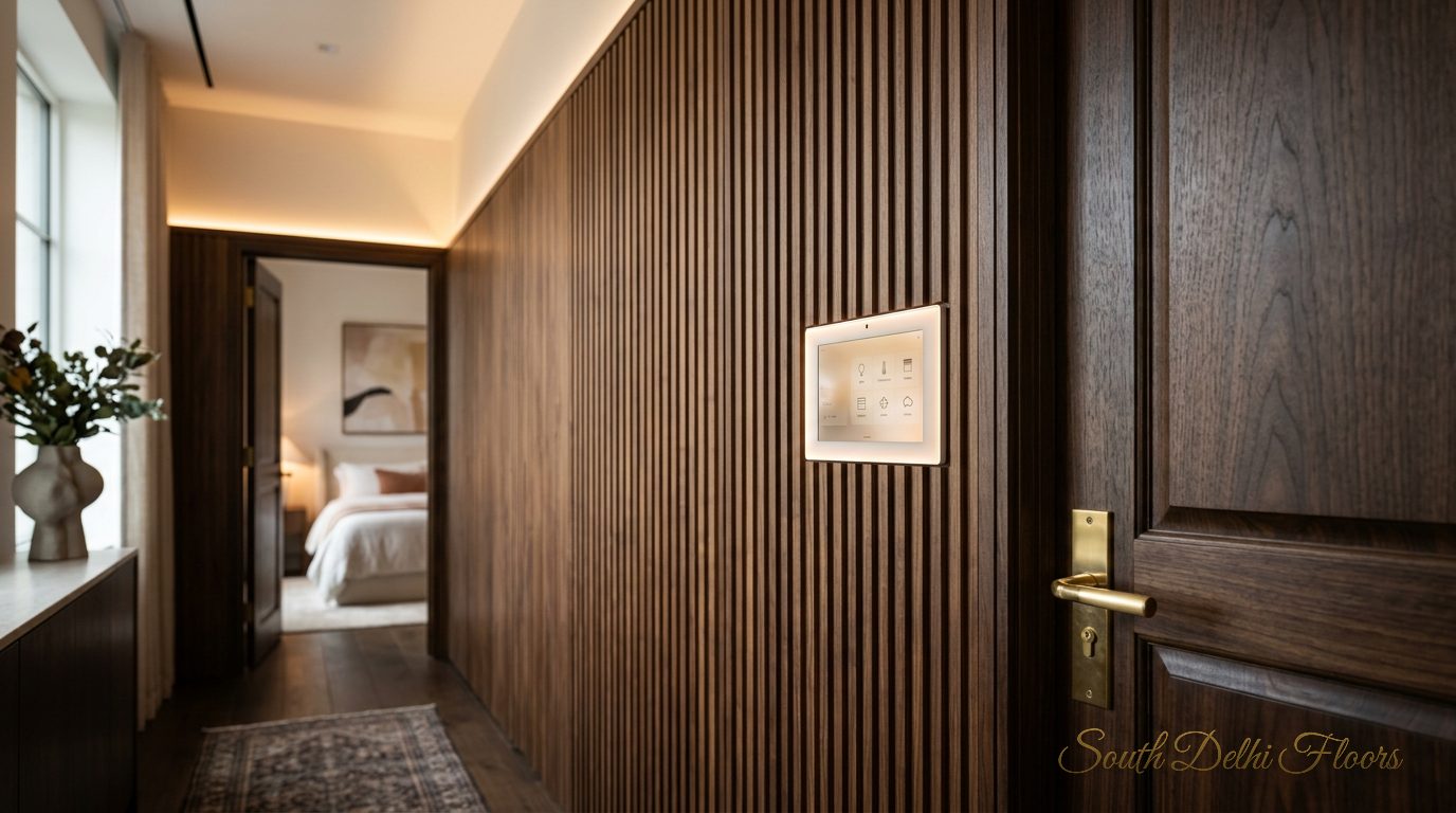 Home automation touch panel on a timber-panelled wall in the GK-1 A Block floors