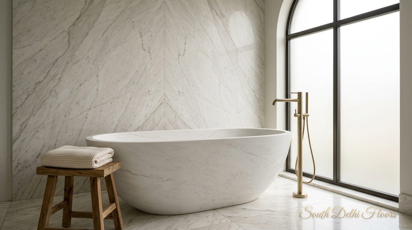 Freestanding stone tub and brass fittings in a marble bathroom of the park-facing floor in GK-1