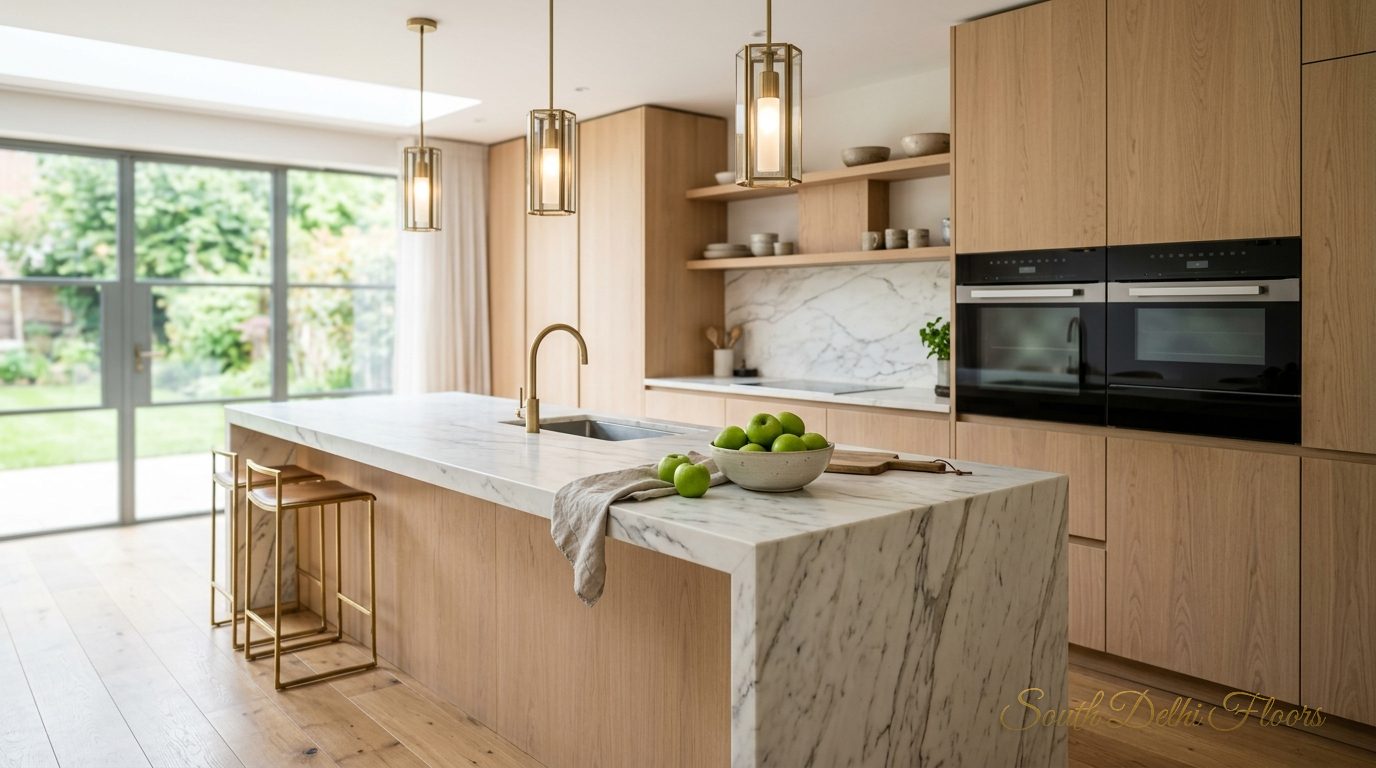 Marble island and built-in ovens in a modular kitchen, as specified for the GK-1 A Block floors
