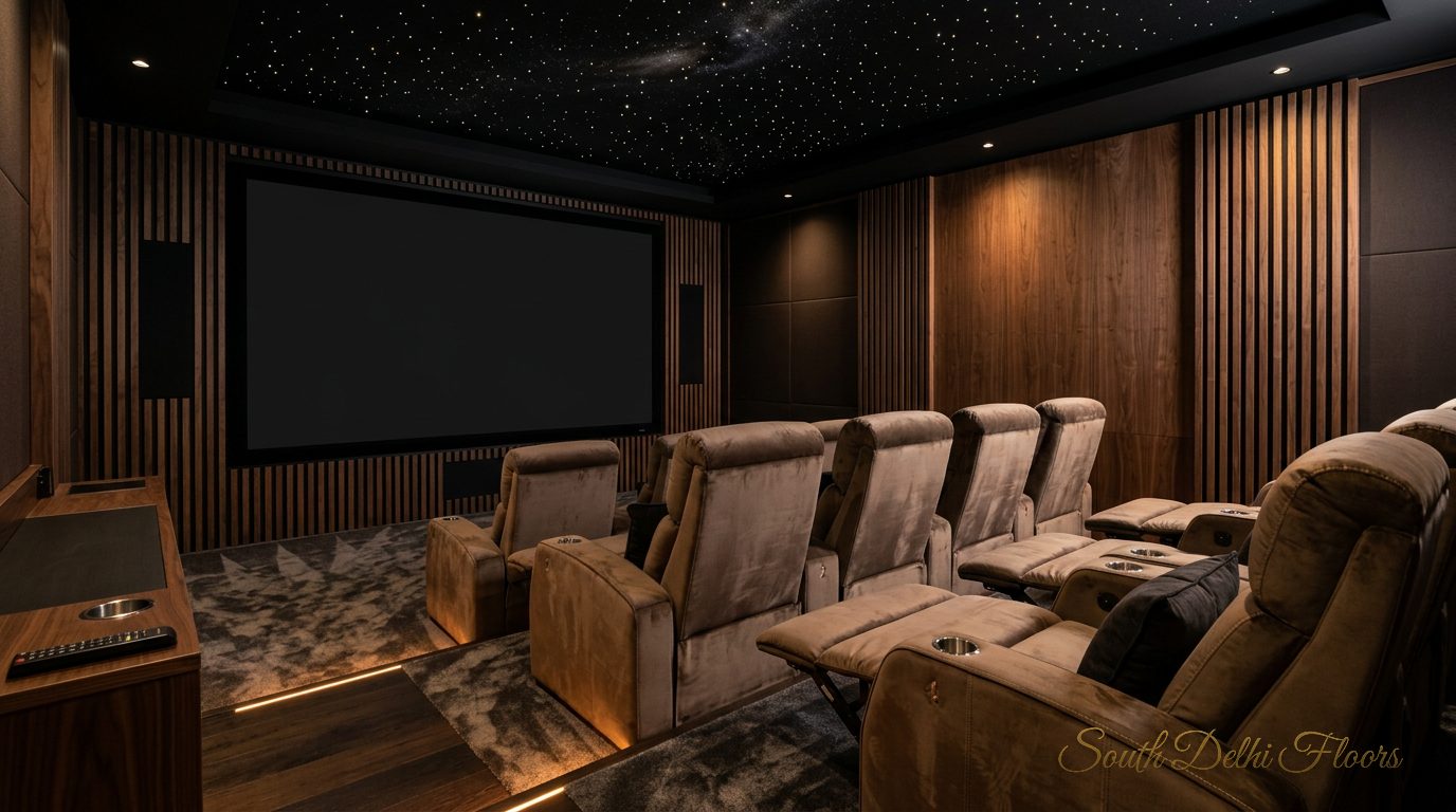 Home theatre with reclining seats on the lower level of the GK-1 A Block duplex