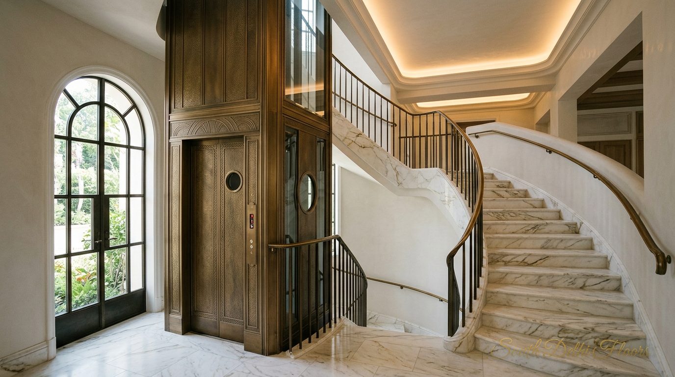 Italian marble staircase beside a private lift, as specified for the GK-1 A Block duplex