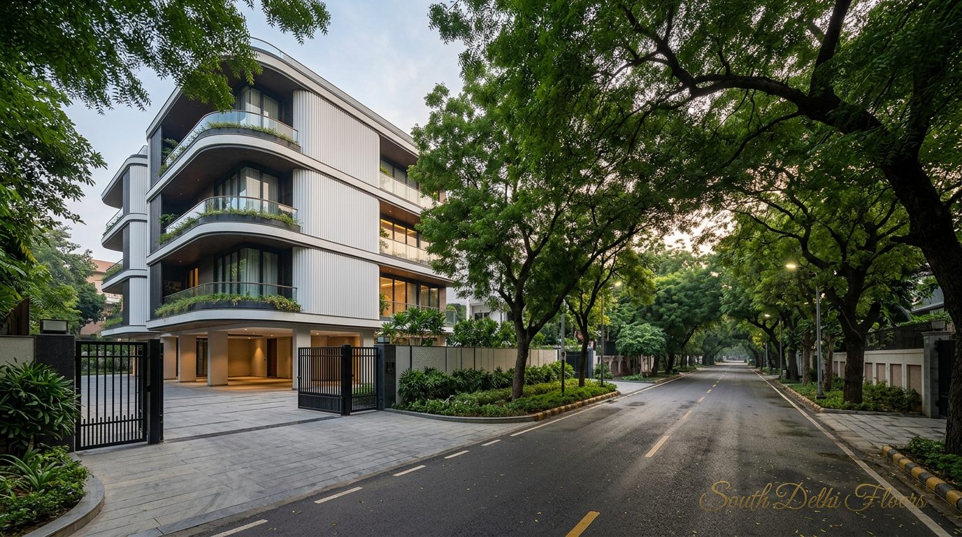 Wide tree-lined road in Pamposh Enclave, GK-1, with the building's own driveway and stilt parking