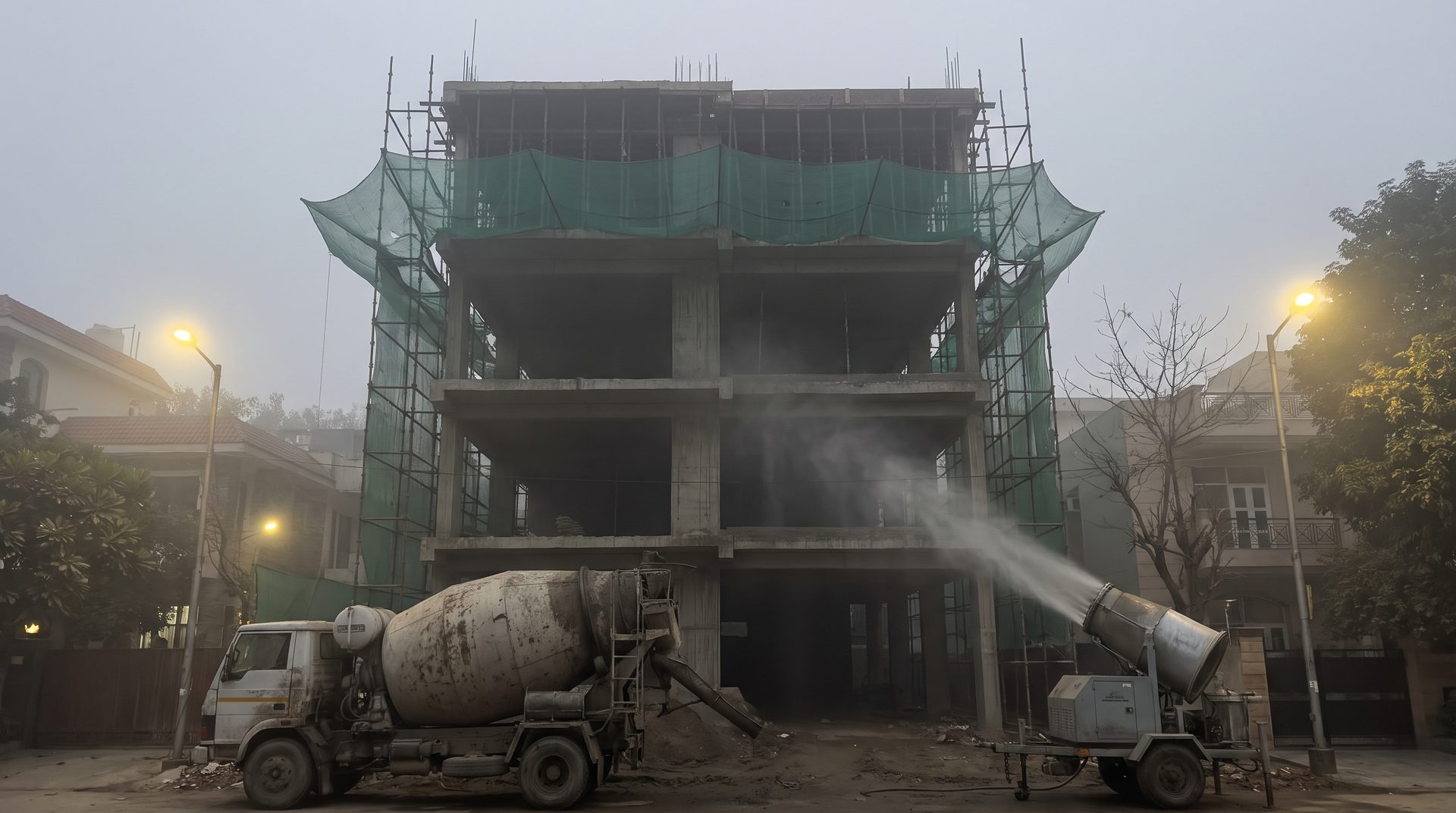 GRAP construction ban Delhi &mdash; a stilt-plus-four builder floor under construction in South Delhi, idle scaffolding and covered materials in winter evening haze