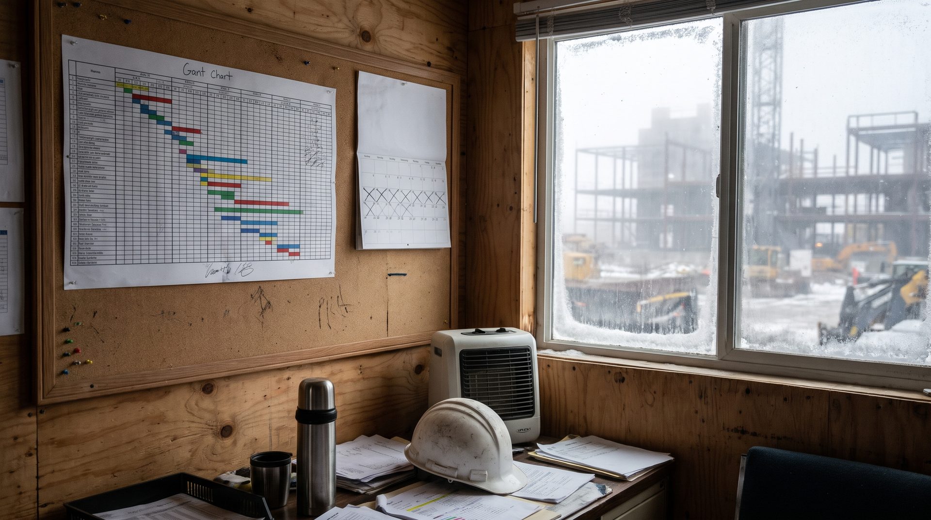 GRAP construction ban Delhi winter schedule &mdash; a South Delhi builder floor site paused mid-structure, materials covered in green netting, smog over the street
