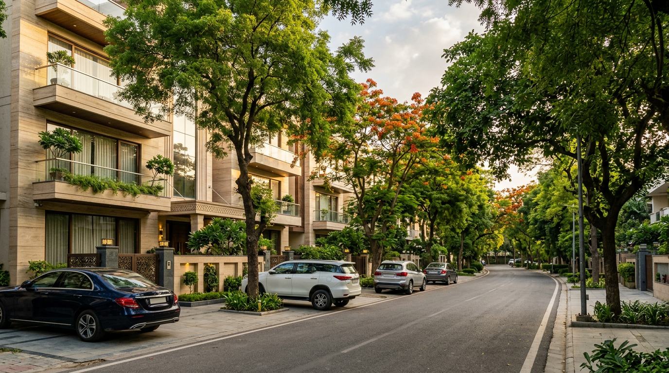 Property in Green Park, South Delhi &ndash; new builder floors on a tree-lined residential lane