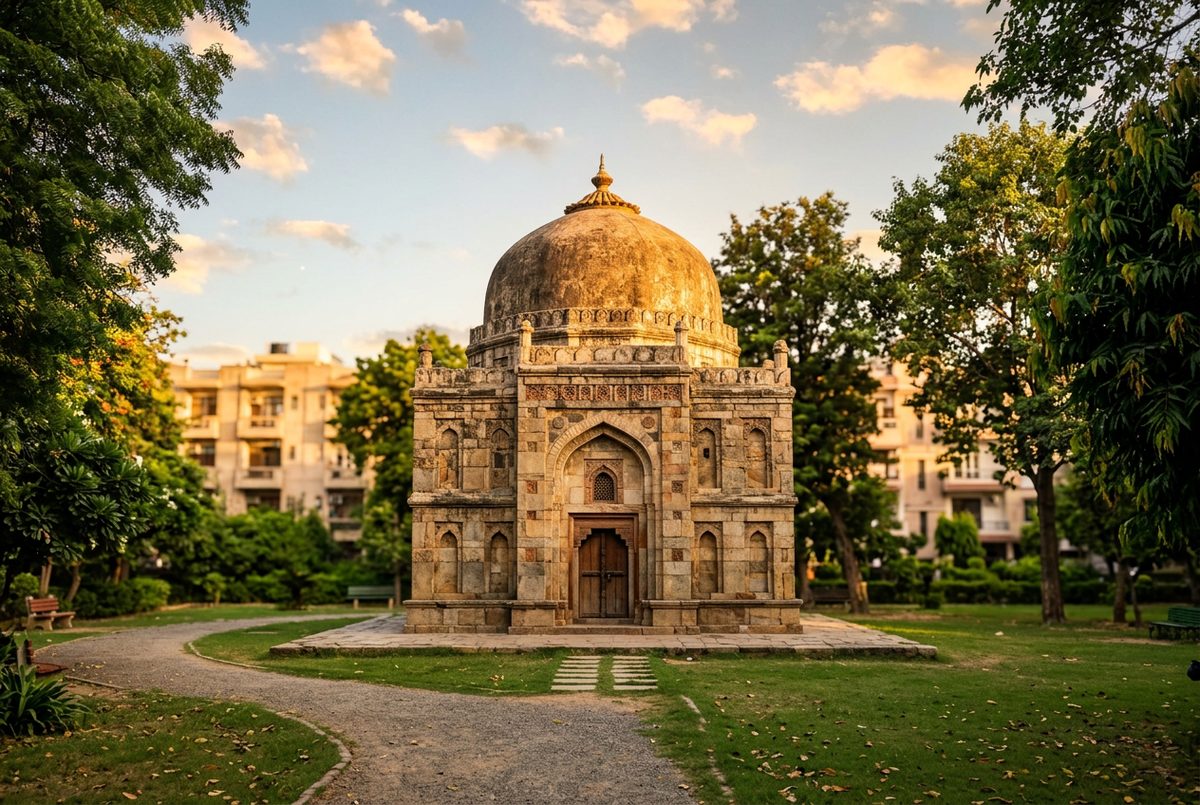 Lodi-era domed tomb in a neighbourhood park beside the homes of Green Park, South Delhi