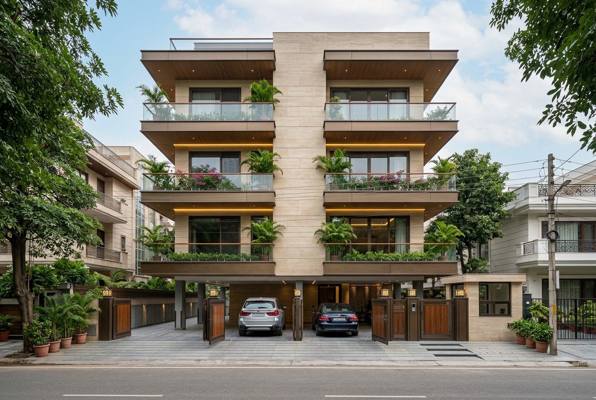 New stilt-plus-four builder floor facade on a 200 sq yd plot in Green Park, New Delhi
