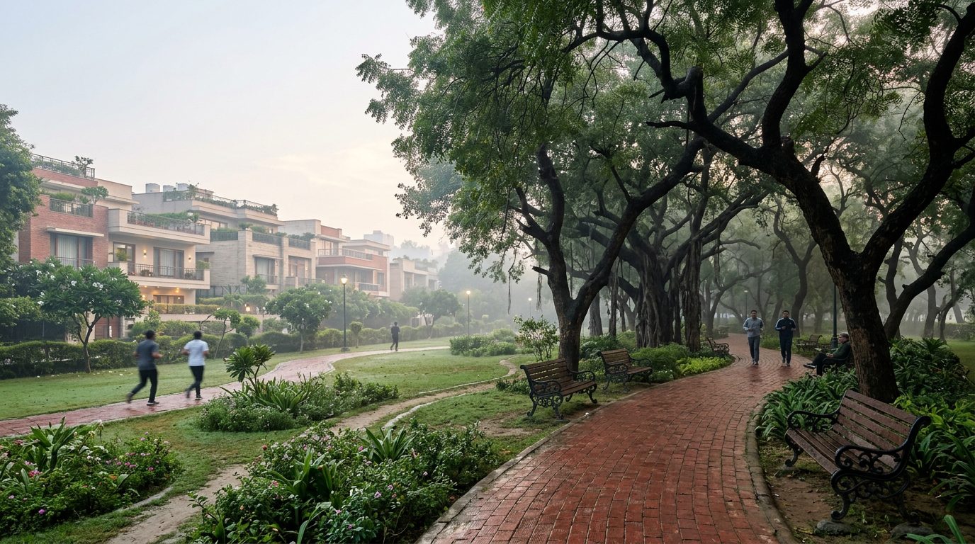 Morning walking track through a green park near Green Park, South Delhi