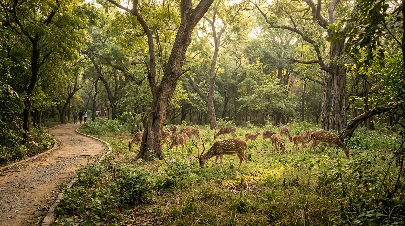 Spotted deer grazing in the Deer Park forest near Hauz Khas Enclave, South Delhi