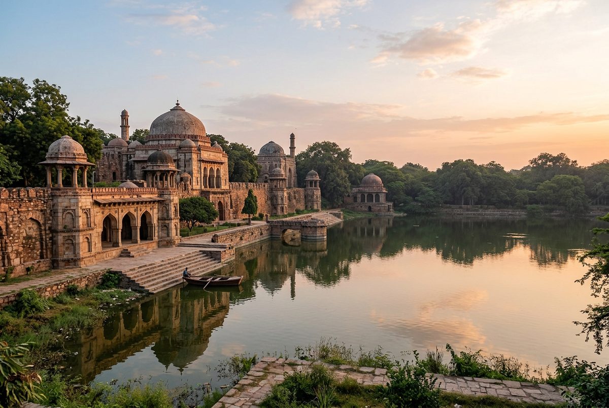 Medieval domed pavilions above the Hauz Khas lake, near Hauz Khas Enclave in South Delhi