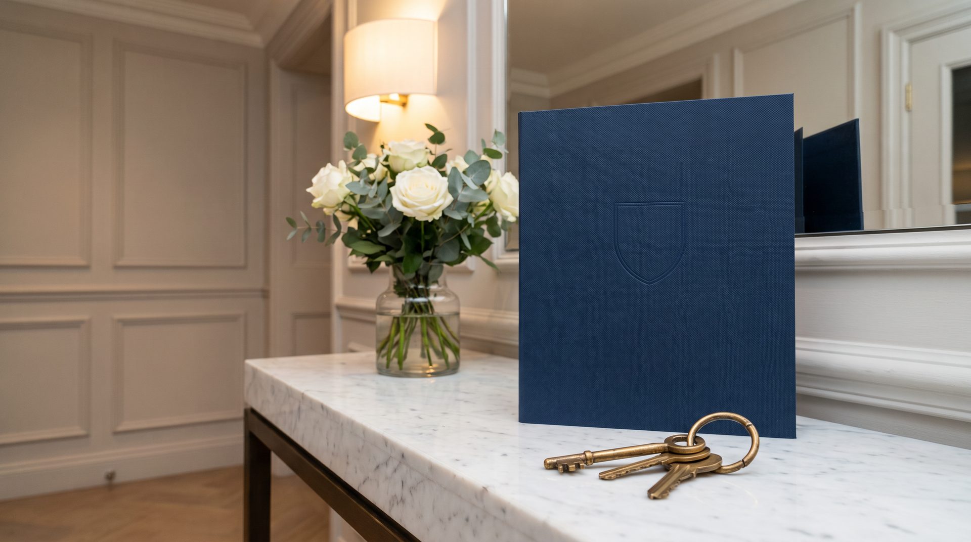 Home insurance policy document, house keys and a floor plan on a table inside a newly handed-over South Delhi builder floor