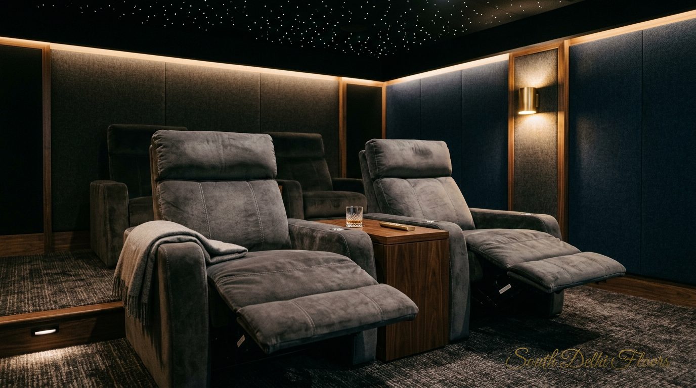 Home theatre with velvet recliners and a starlit ceiling in the basement of the Maharani Bagh duplex