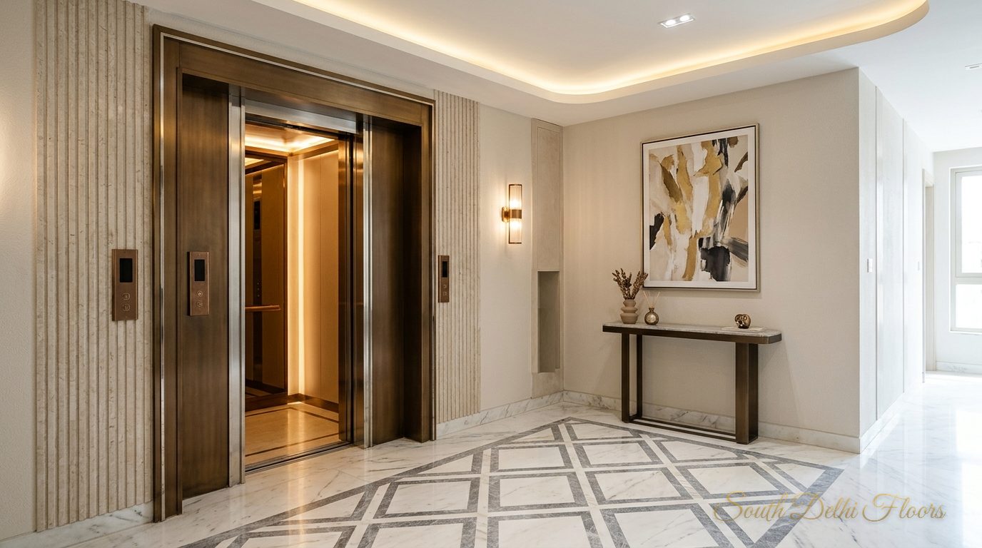 Private lift opening into the marble lobby of the house in Vasant Vihar, E Block