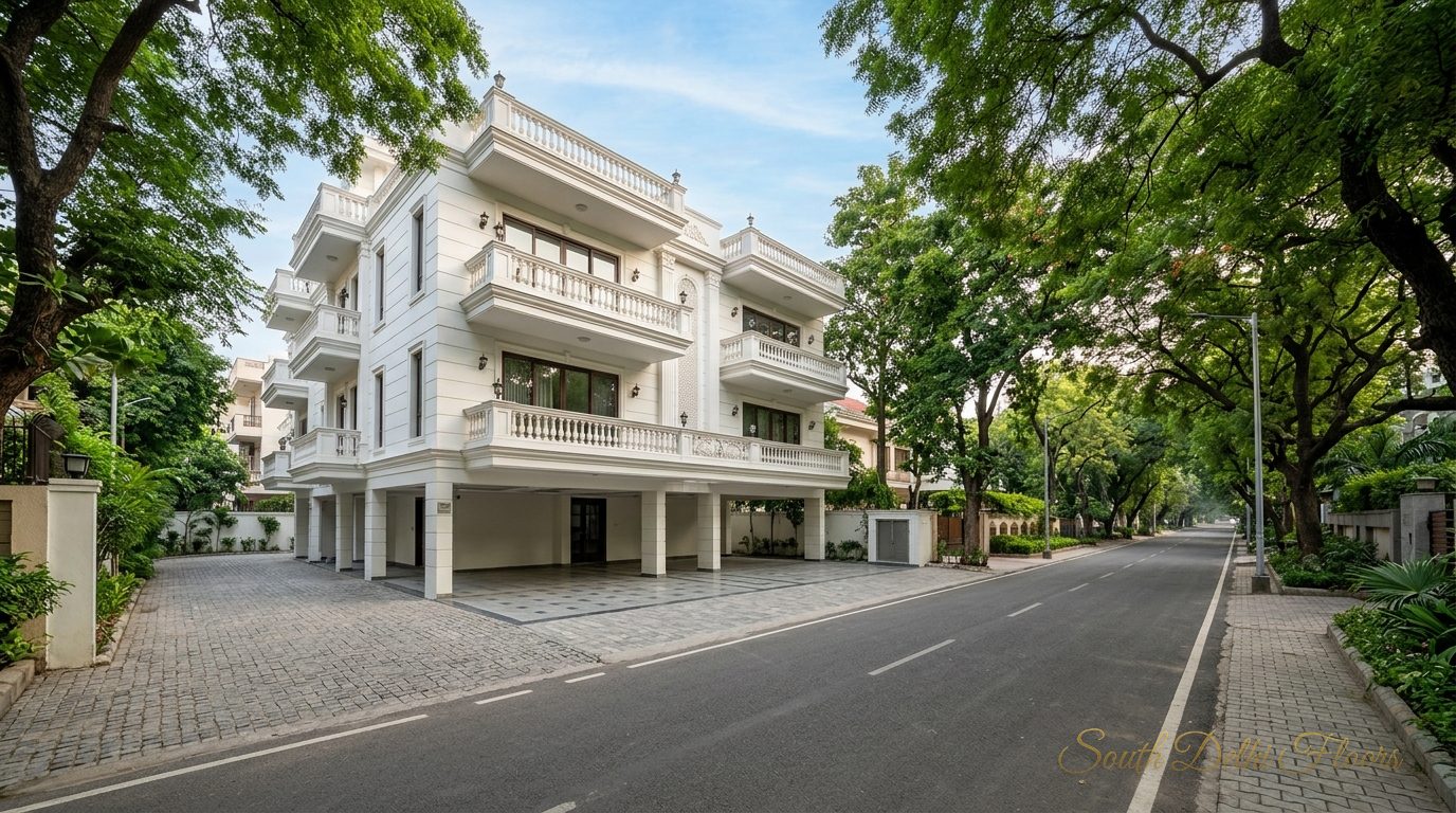 Wide tree-lined road, stilt parking and separate driveway at the house in Vasant Vihar, E Block