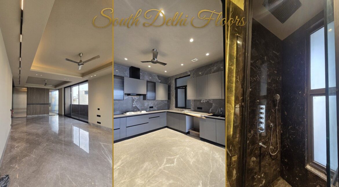 Indus Homes builder floor in Greater Kailash-1, South Delhi: living room, modular kitchen and marble shower from the SouthDelhiFloors site visit