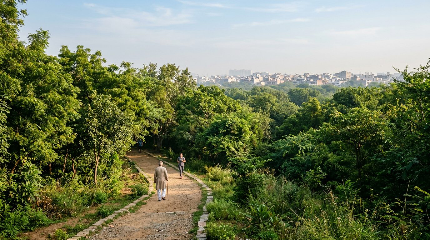Walking trail through Jahanpanah City Forest near Chirag Enclave, South Delhi