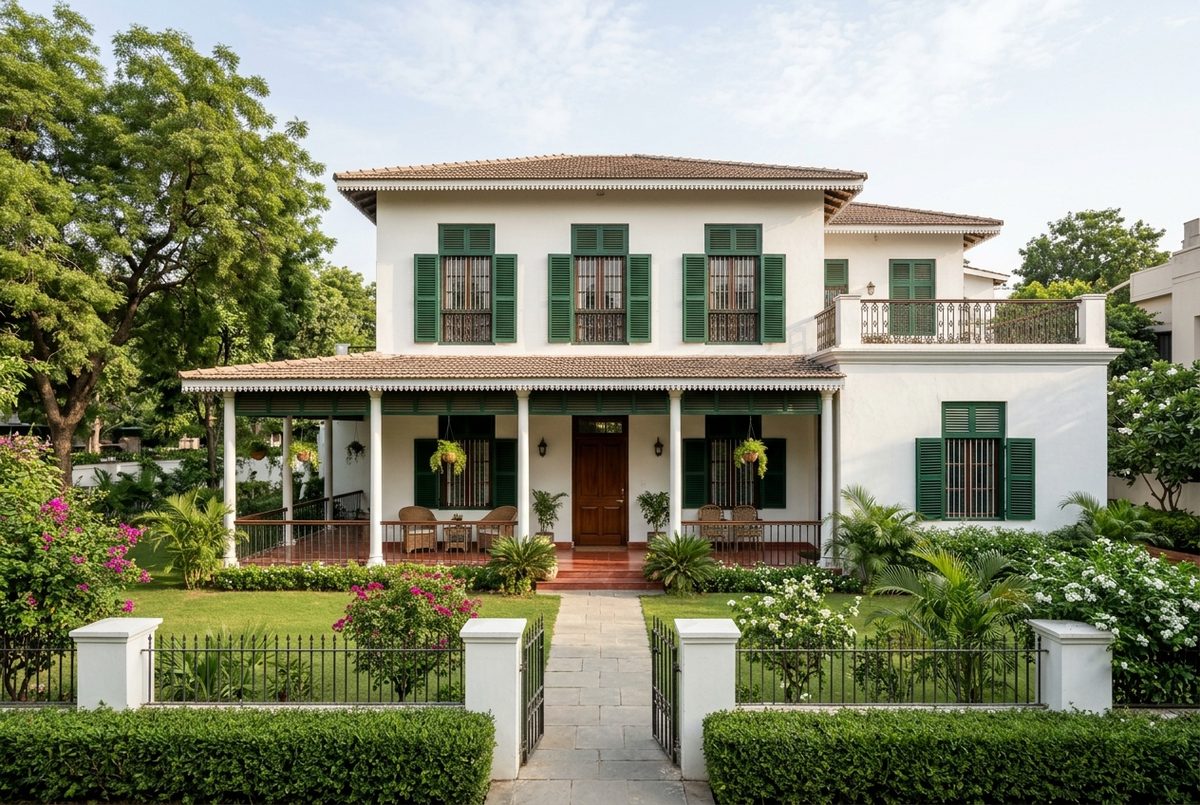 Heritage-style two-storey bungalow with verandah and front lawn in Jor Bagh, New Delhi