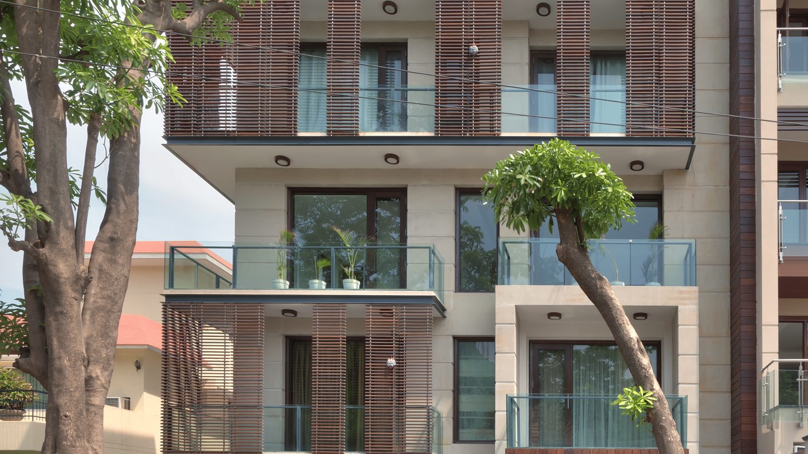 B-335 New Friends Colony, a Katarias (Kataria Buildcon) 500 sq yd residence with wooden louvres and glass balconies