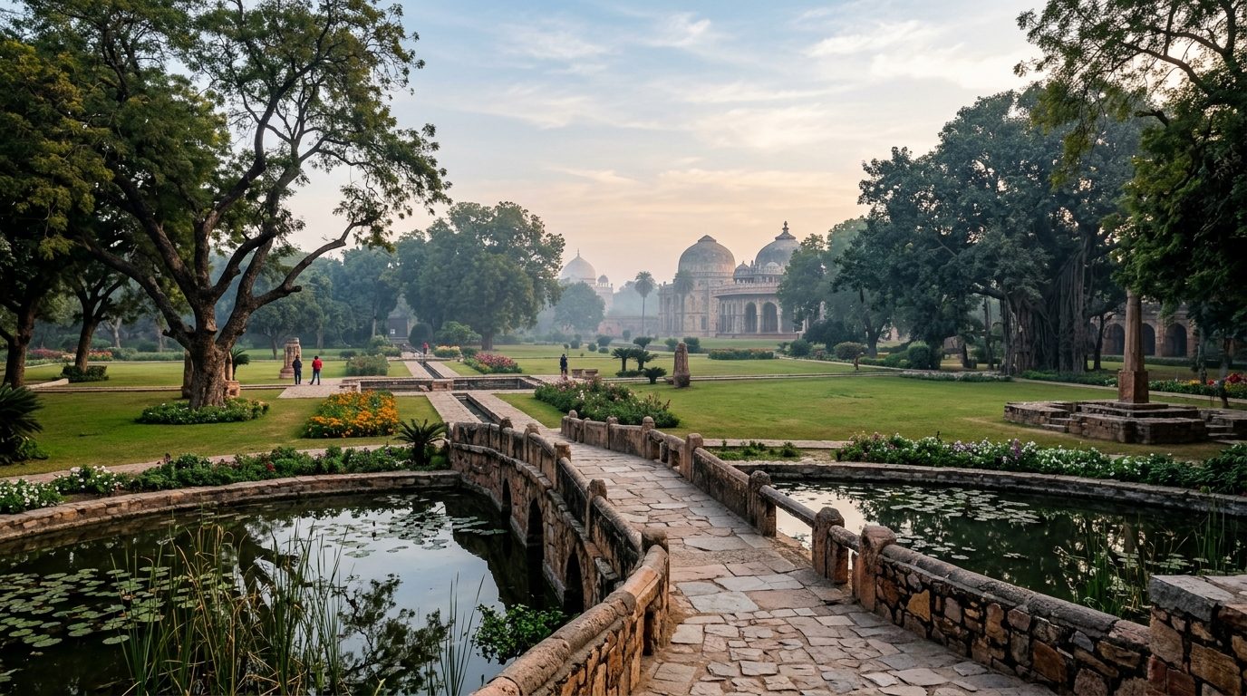 Lawns and stone bridge path in Lodhi Garden, a short walk from Jor Bagh homes