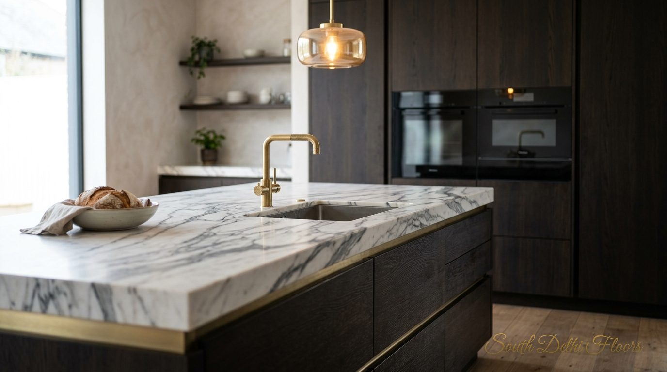 Book-matched marble island and brass tap in the modular kitchen of the builder floor in Maharani Bagh