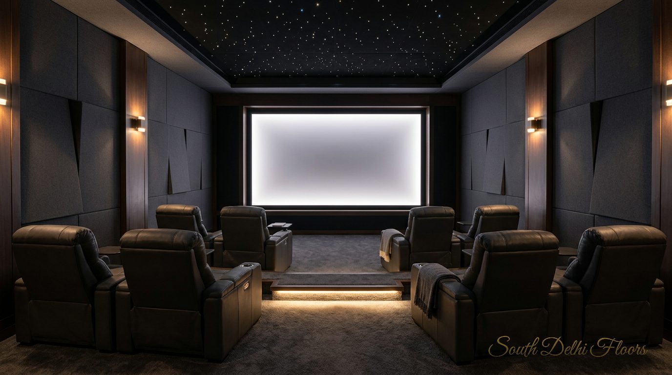 Home theatre with two rows of recliners and a starlit ceiling in the duplex with pool in Pamposh Enclave