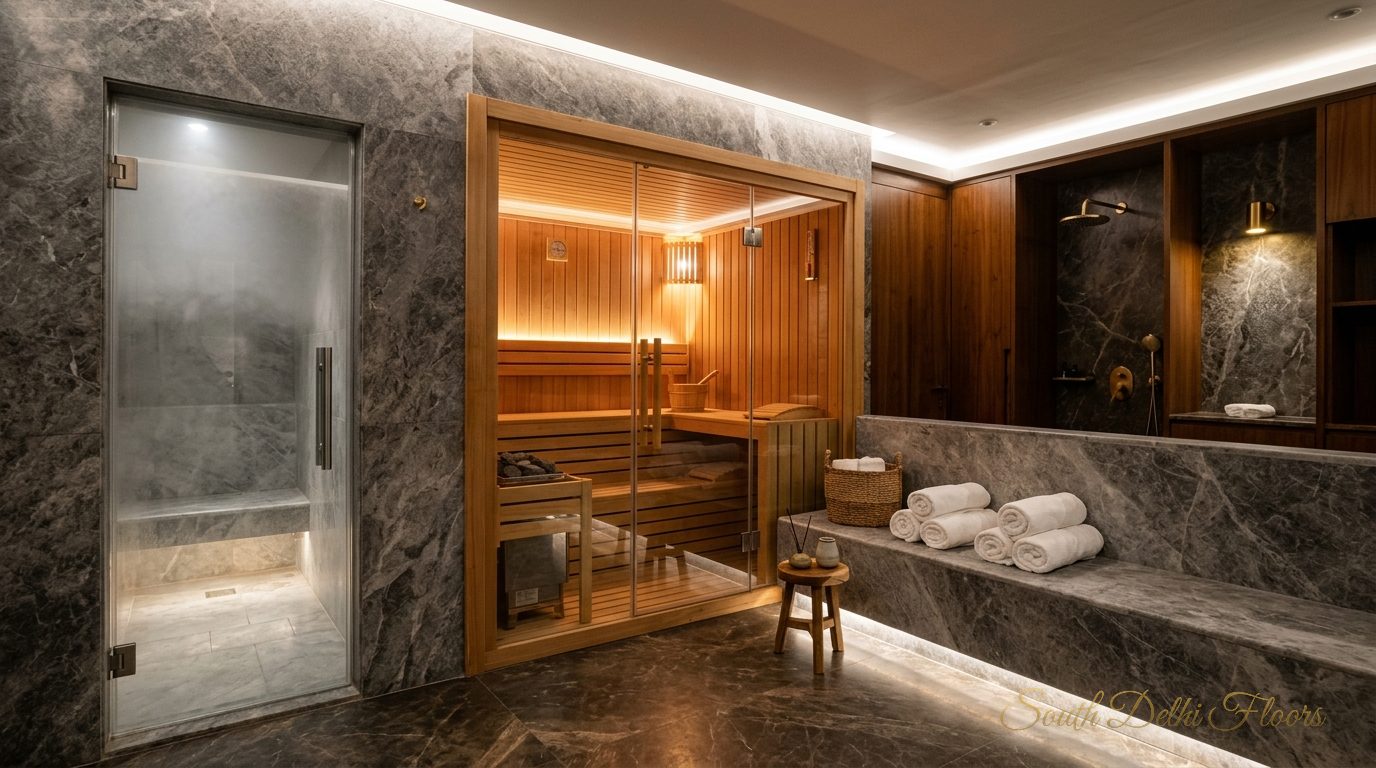 Private spa with a cedar sauna and marble steam room in the basement of the duplex with pool in Pamposh Enclave