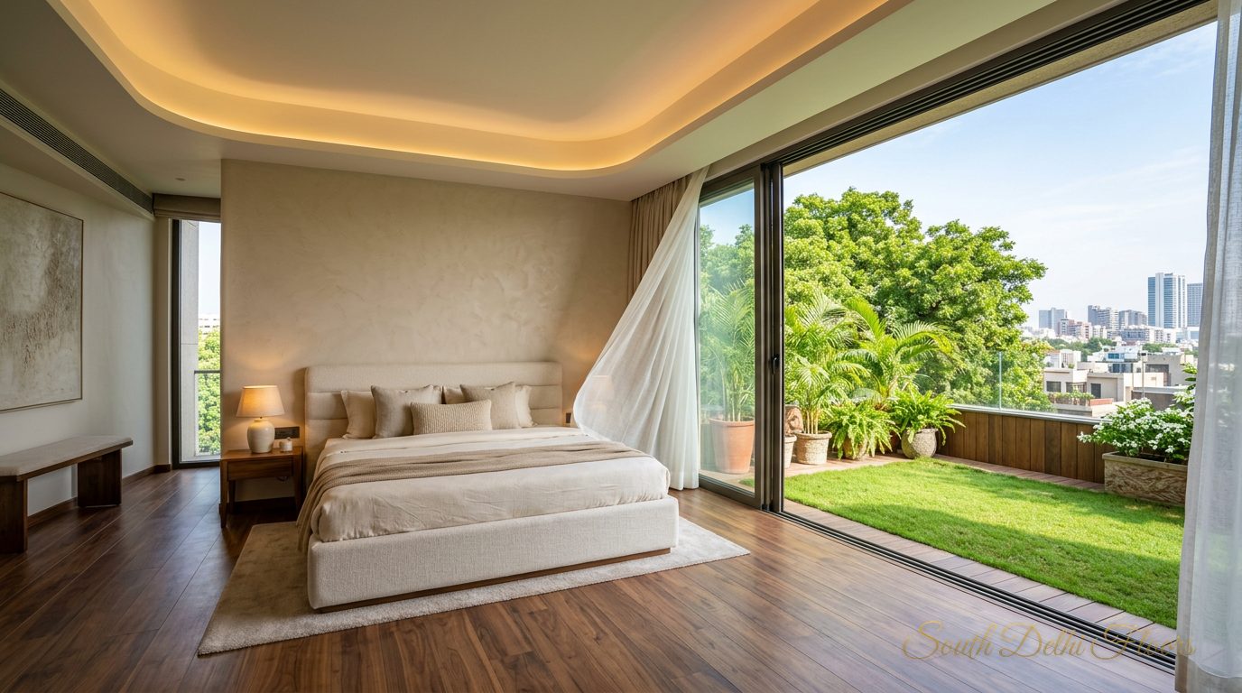 Master bedroom of the penthouse in Pamposh Enclave with wooden flooring opening to the terrace lawn