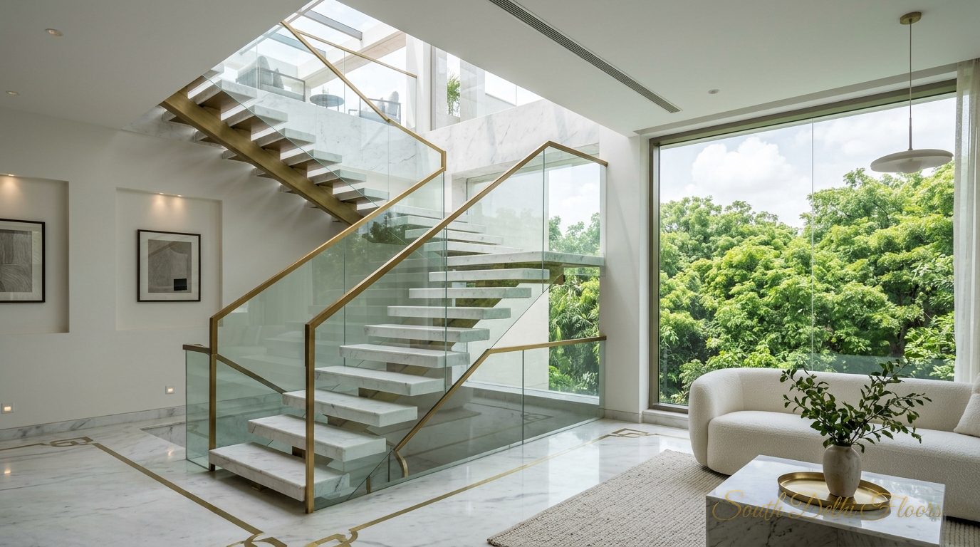 Internal marble staircase with a brass railing connecting the penthouse in Pamposh Enclave to its terrace garden