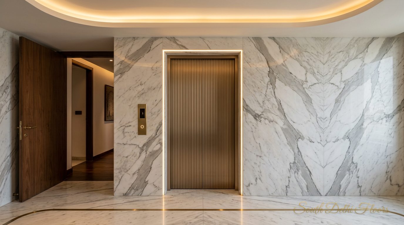 Private lift lobby with bronze doors and Italian marble at the penthouse in Pamposh Enclave