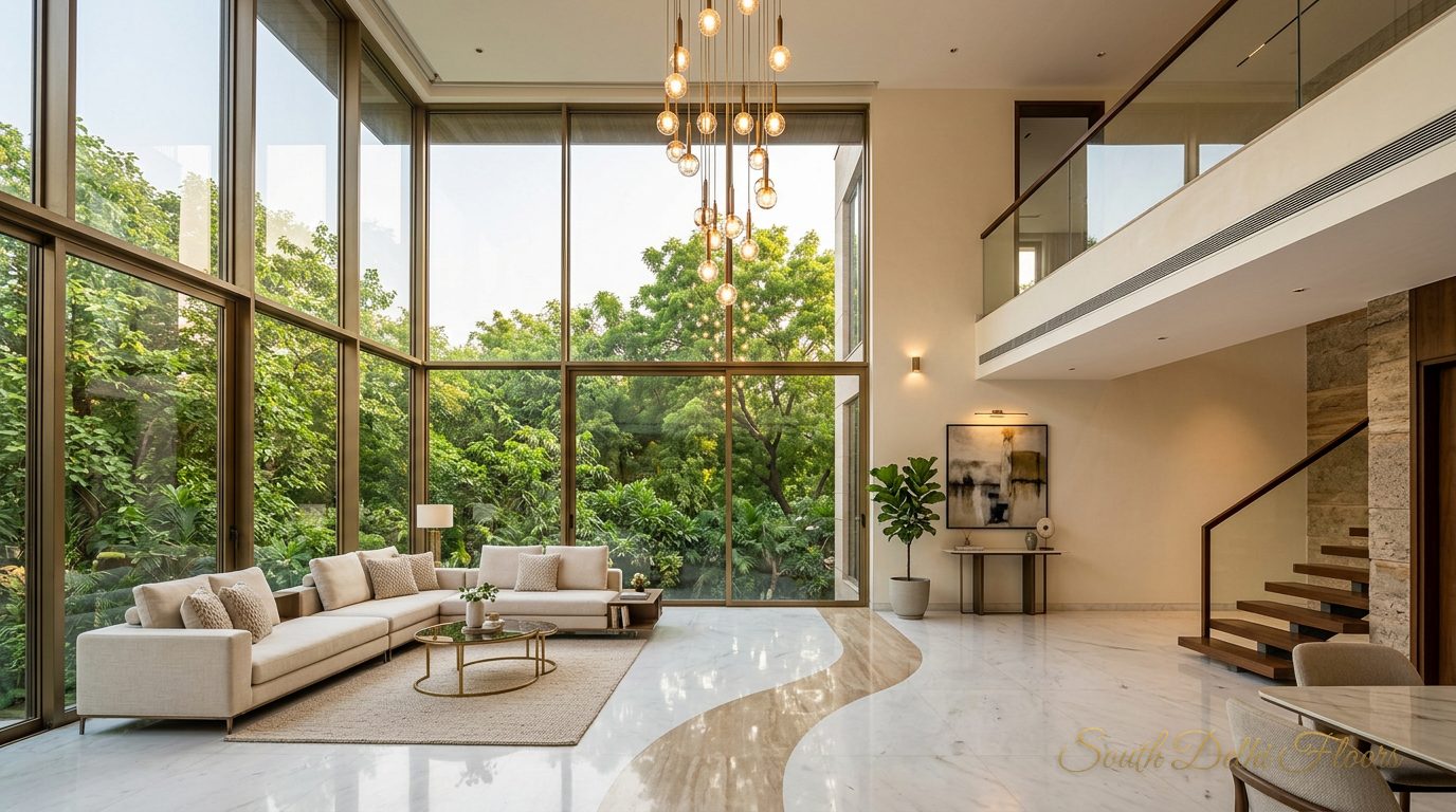 Double-height drawing room with corner glazing and a glass chandelier in the corner duplex in Panchsheel Park
