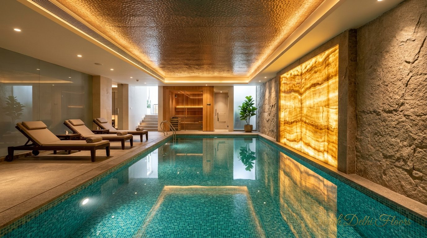 Private pool with a backlit onyx wall and a sauna door, as planned for the corner duplex in Panchsheel Park